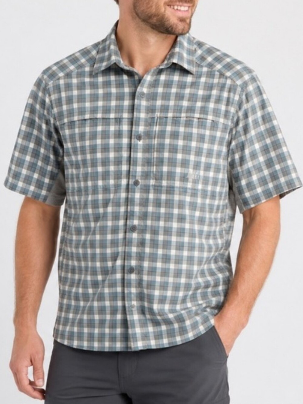 REI Co-op Sahara men's button-up shirt in a teal/green and blue plaid pattern
